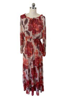 Kate & Lily Whimsical Romantic Floral Maxi Sheer Dress Womens 10 Red Fall Boho